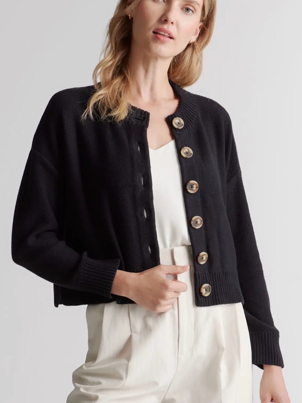 (2) Quince 100% organic cotton cropped cardigans (brown & black!), small